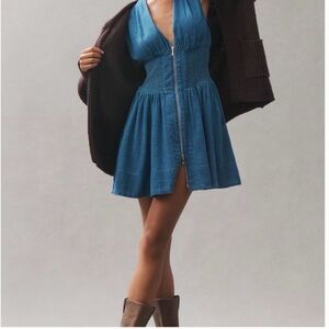 Tommie Anthropologie cap sleeve Blue Denim Zip-Front Mini Dress S -worn 1 time